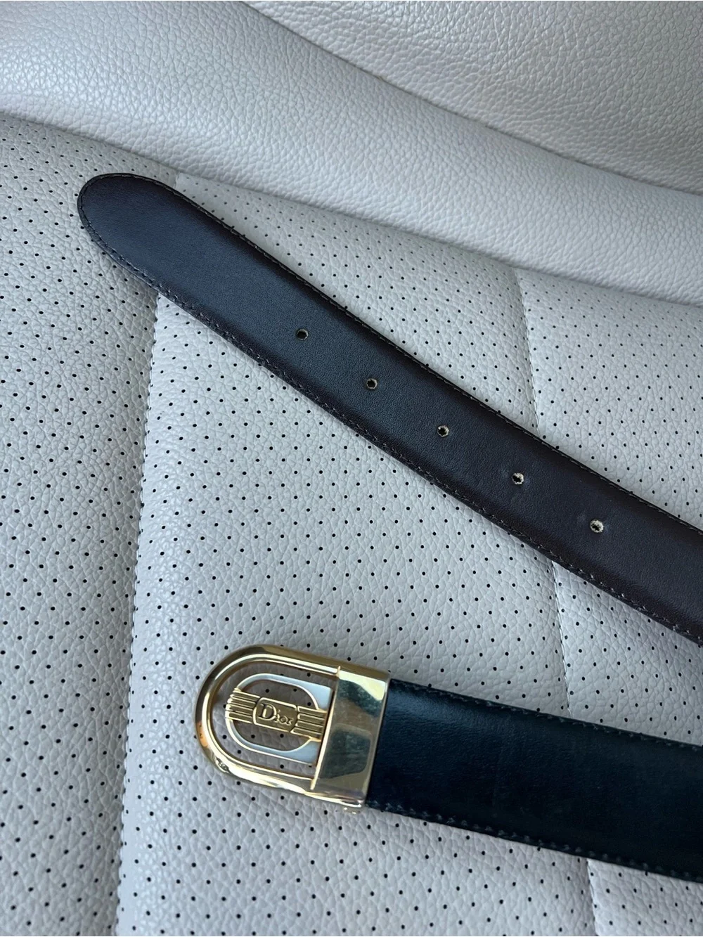 Vintage Christin Dior Black Leather Belt with Gold Silver Signature Buckle